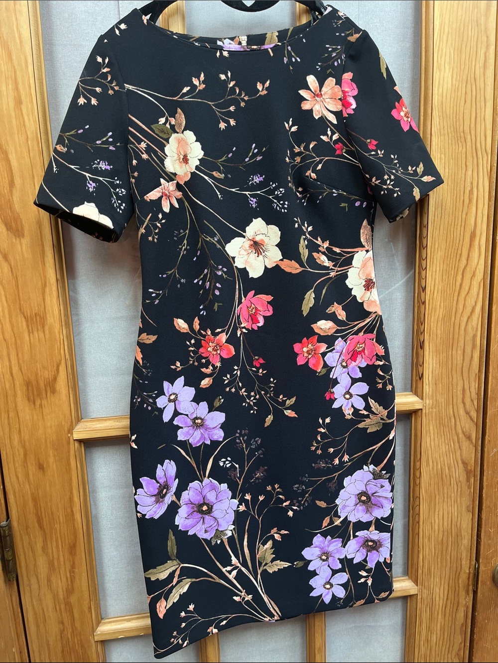 Calvin Klein Black Midi Dress with Pink, Lavender & Cream Floral Print, sz 6P
